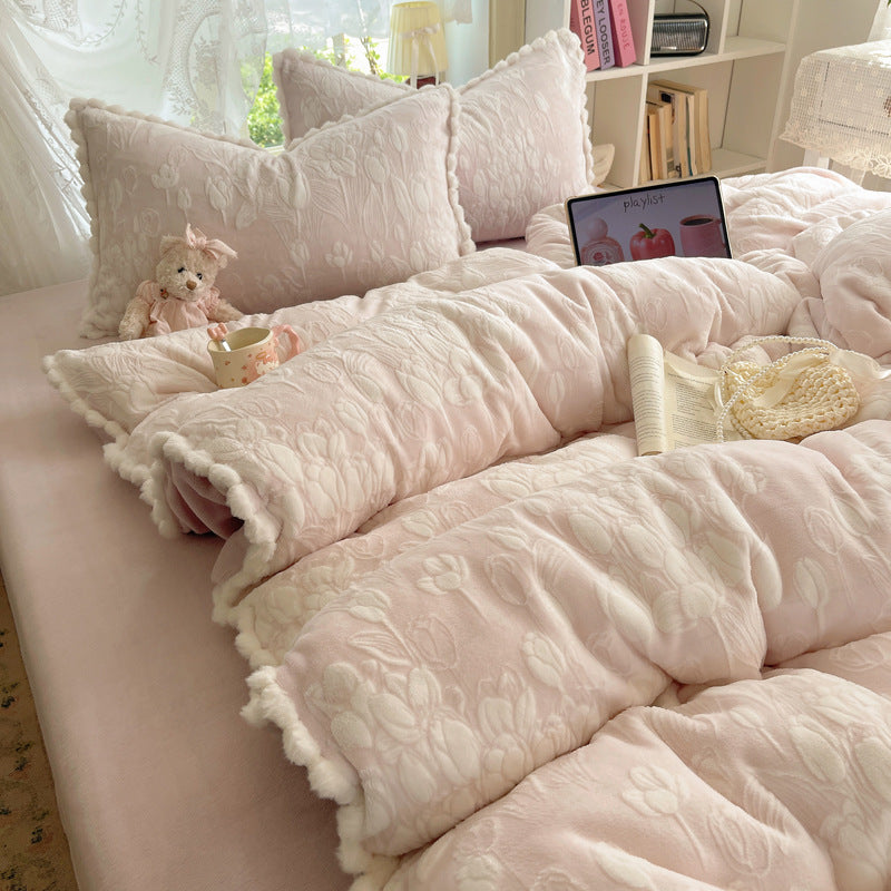 Plush Quilted Floral-Embossed Reversible Comforter Set with Sherpa Lining