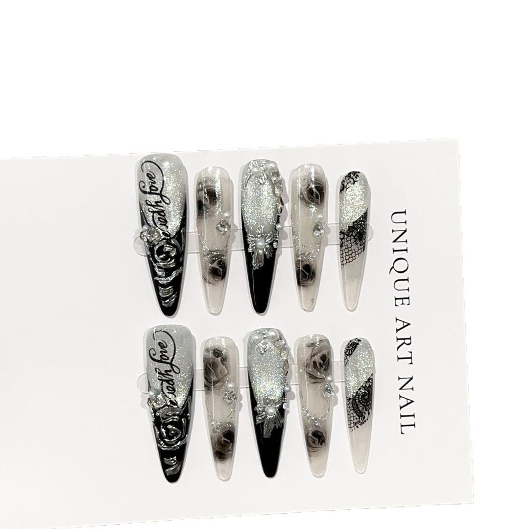 Elegant Stiletto Press-On Nail Art Set with Floral and Gemstone Accents