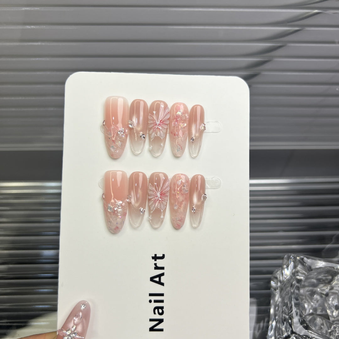 Artistic Press-On Nail Art Set with Floral and Gemstone Embellishments