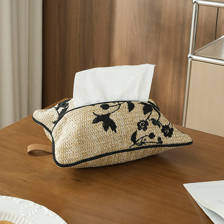 Woven tissue box cover in straw look with embroidered flower motif Stornfield