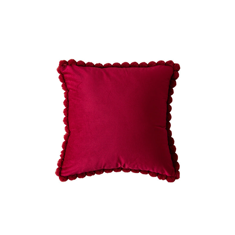 Plush Velvet Square Decorative Throw Pillow with Pom-Pom Border and Removable Cover