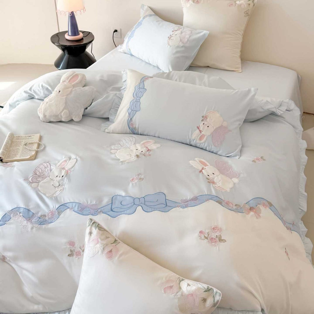 Pastel Embroidered Bunny Cotton Duvet Cover Set with Ruffled Hem and Decorative Bow Motif