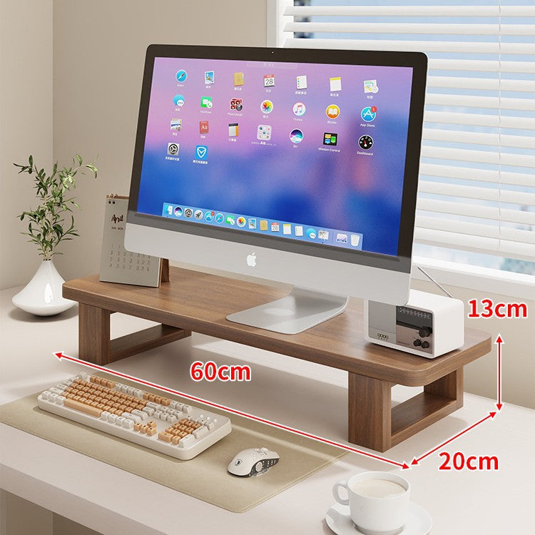 Wide Wooden Monitor Riser Shelf with Under-Shelf Storage and Cable Management