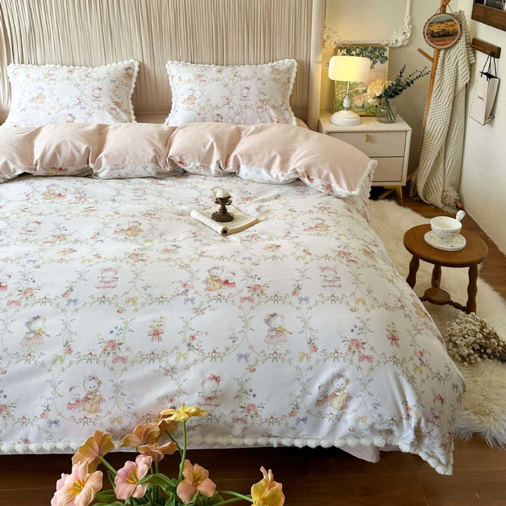 Romantic Floral Cotton Duvet Cover Set with Pom-Pom Trim and Matching Pillow Shams