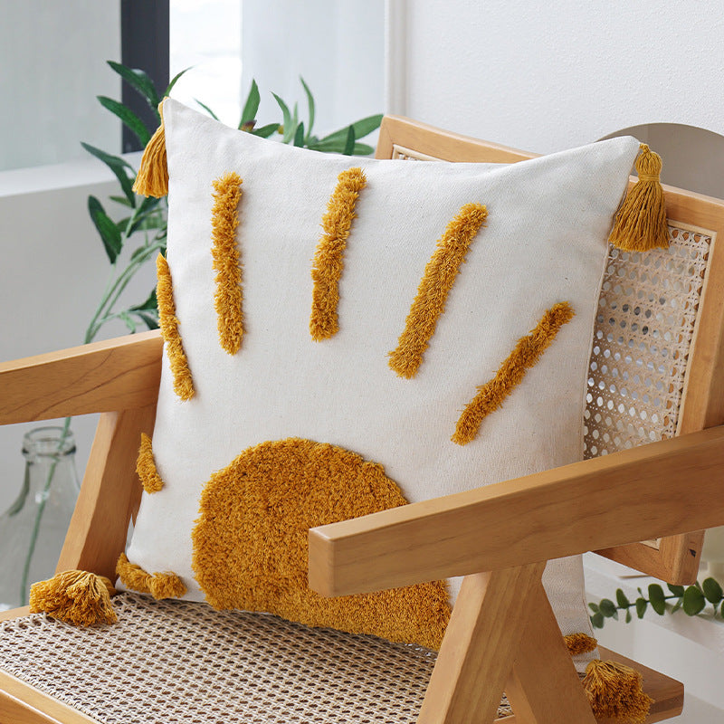 Decorative square cushion cover with hand-tufted sun relief, tassels, and cotton-linen blend Stornfield