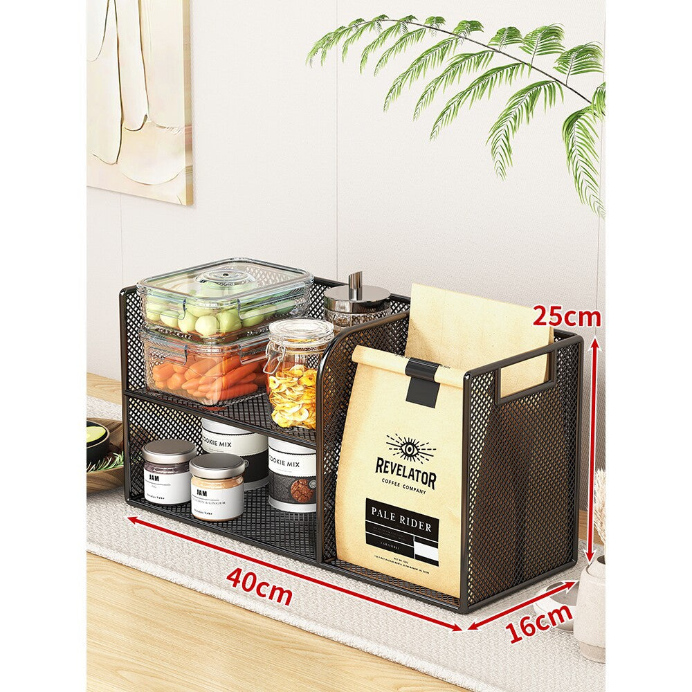 Metal Mesh Countertop Pantry Organizer with Multi-Tier Shelves and Vertical Bag Compartment