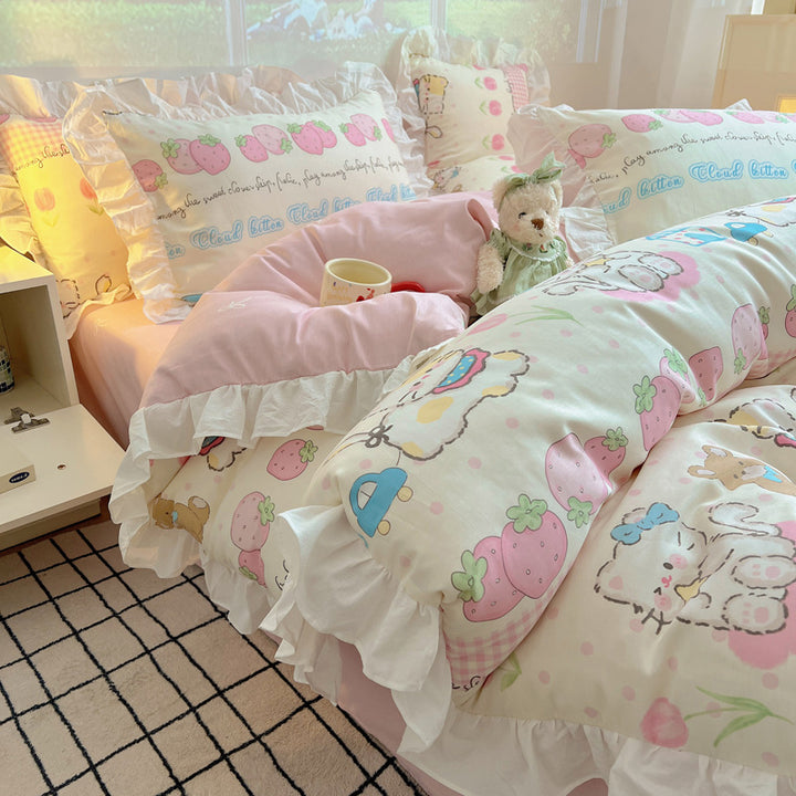 Ruffled Frilled Cotton Cartoon Animal Duvet Cover & Pillow Sham Set