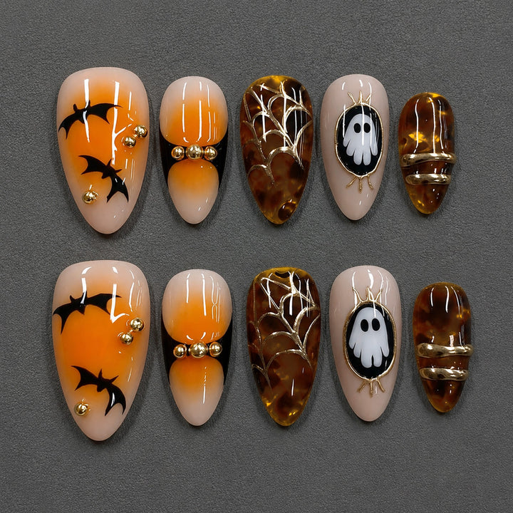 Halloween Artificial Nail Set with spooky designs and golden accents Stornfield