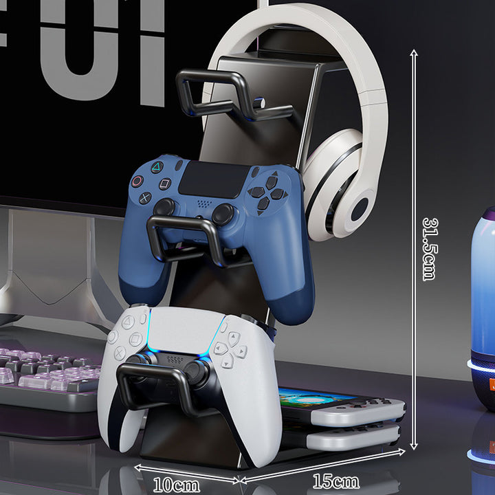 Multi-Controller and Headset Organizer Stand with Triple Hooks and Compact Charging Base