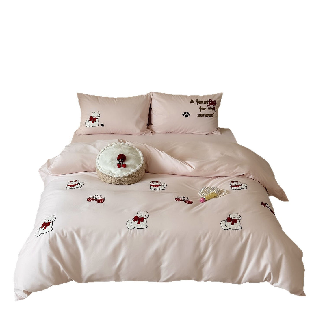 Embroidered Cotton Duvet Cover Set with Cute Cat Motif