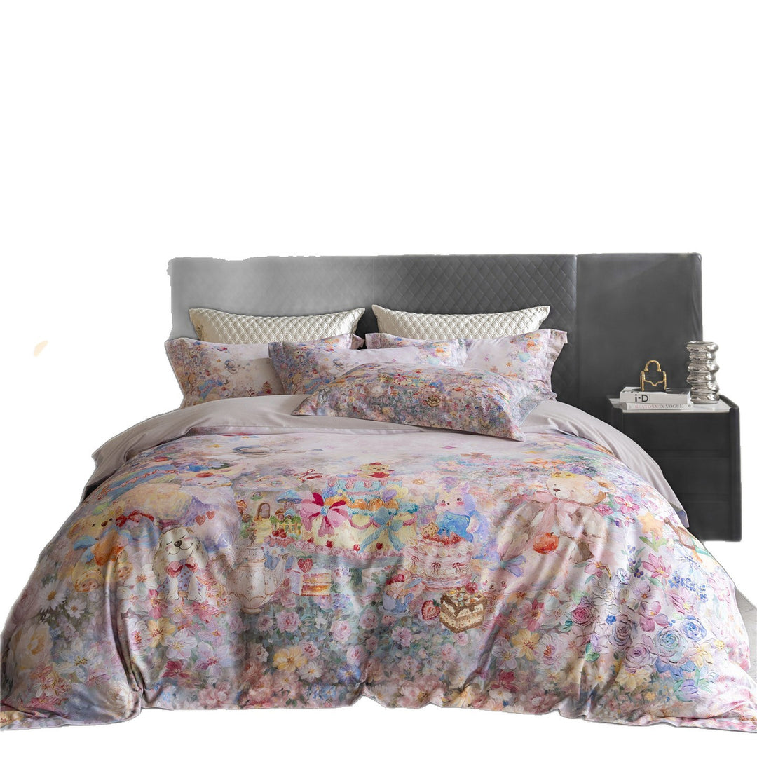 Watercolor Teddy Bear Floral Duvet Cover Set