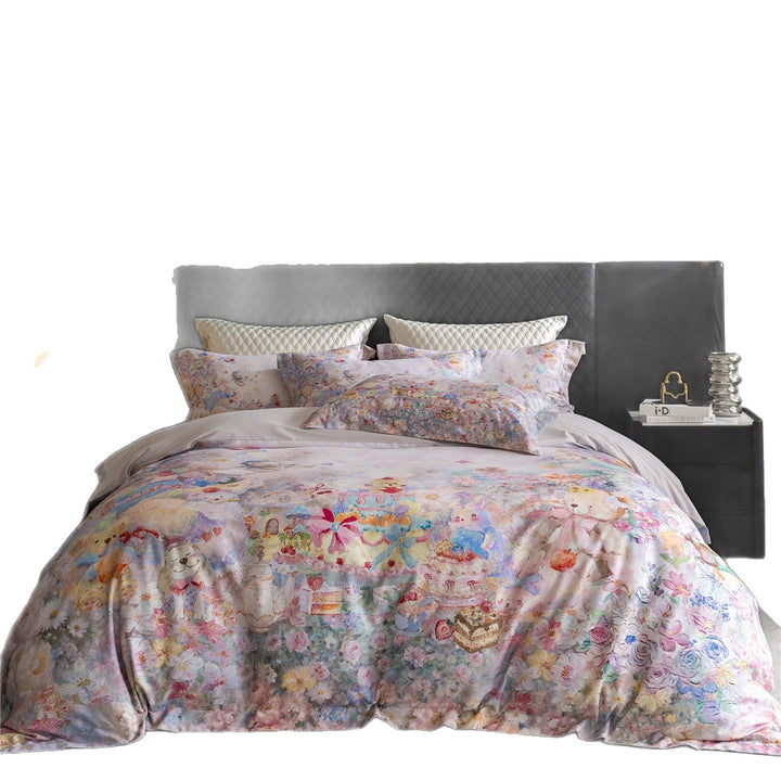 Watercolor Teddy Bear Floral Duvet Cover Set
