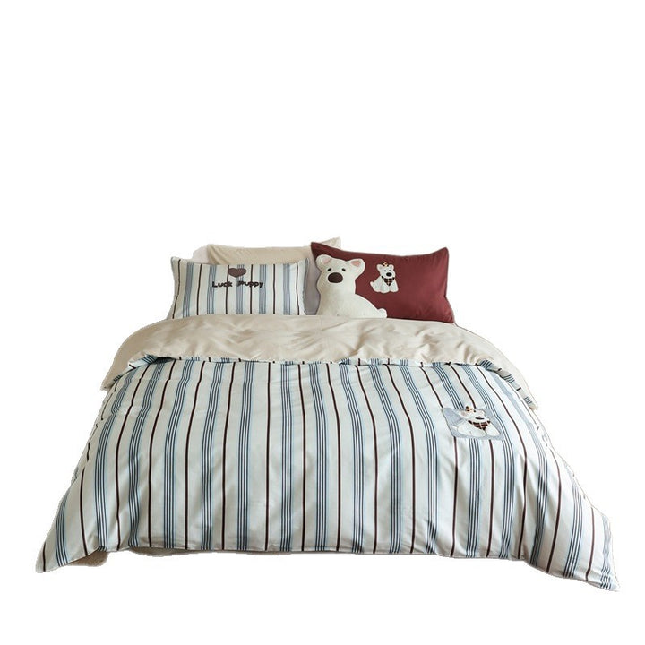 Striped Duvet Cover Set with Embroidered Puppy Appliqué and Matching Pillowcases