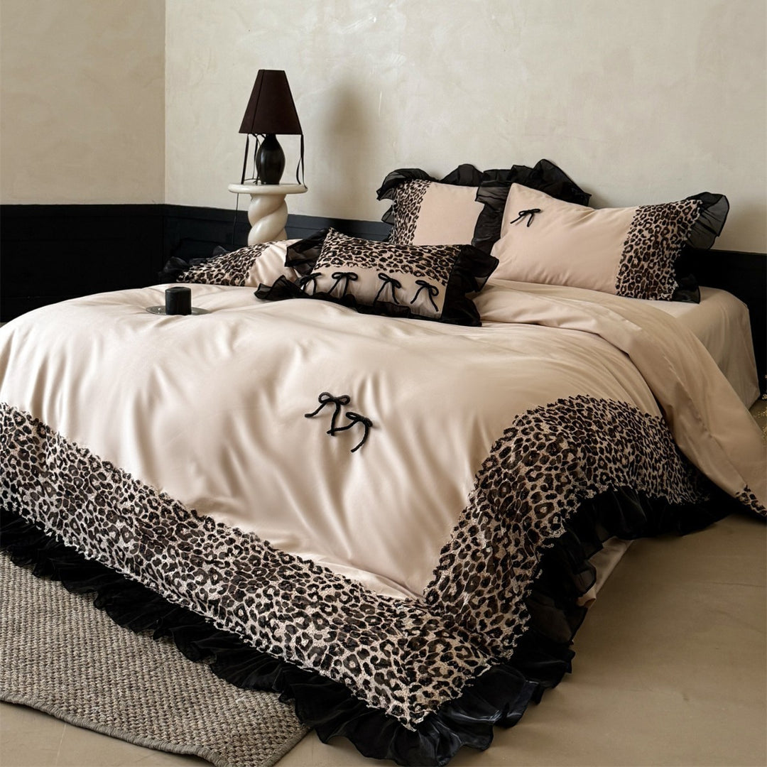 Satin-Feel Leopard Lace-Trim Ruffled Duvet Cover Set with Decorative Bow Pillow Shams
