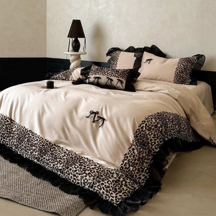 Satin-Feel Leopard Lace-Trim Ruffled Duvet Cover Set with Decorative Bow Pillow Shams