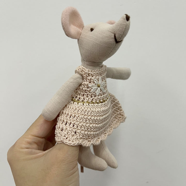 Handmade Linen Mouse Doll with Crocheted Dress and Embroidered Details