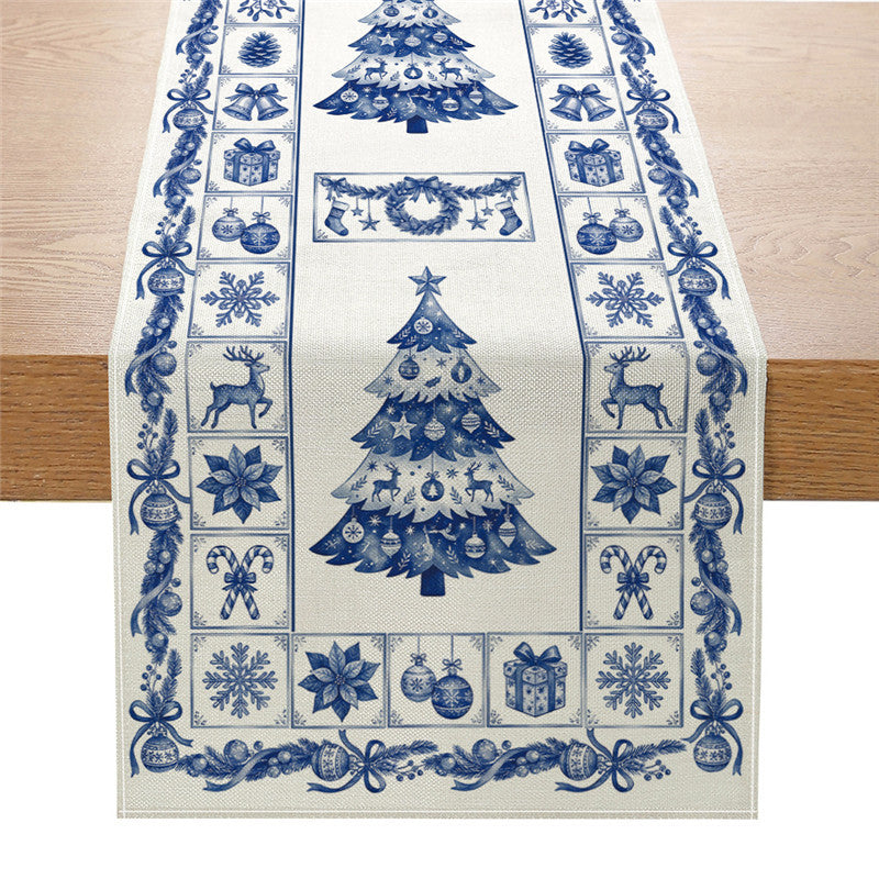 Festive Cotton-Linen Christmas Table Runner with Snowman and Plaid Tree Illustration
