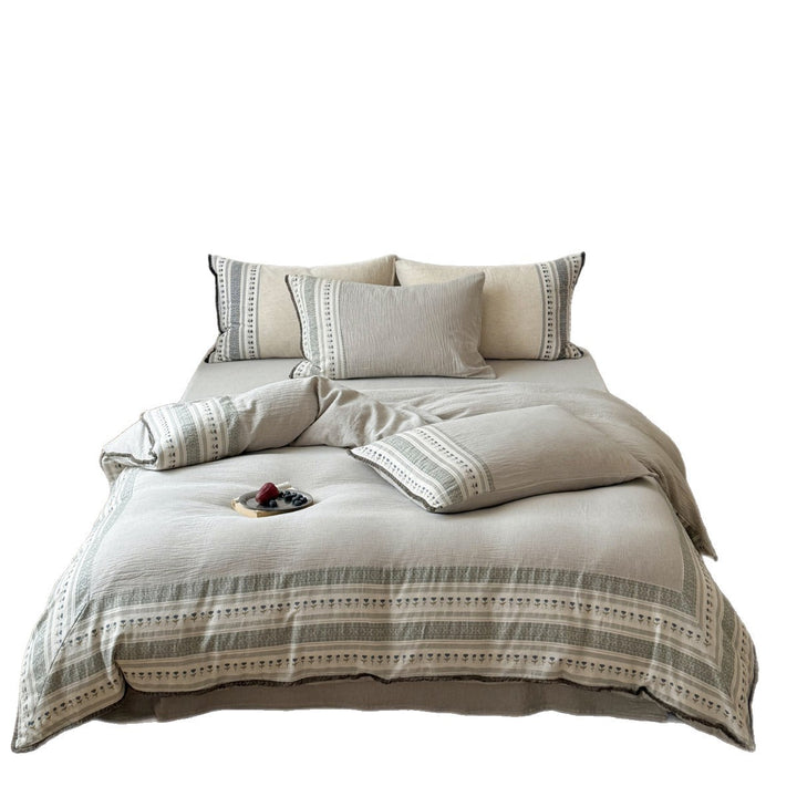 Linen-Blend Bohemian Printed Duvet Cover Set with Fringed Edge and Pillow Shams