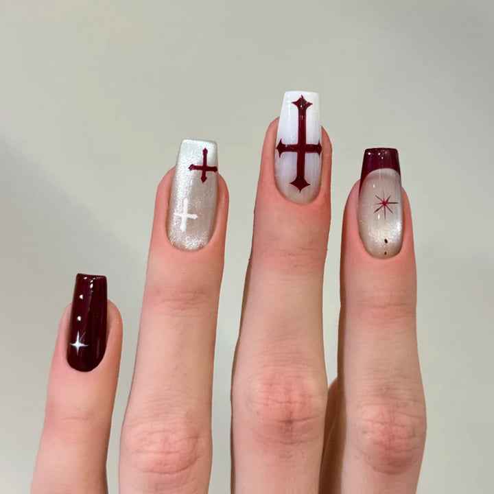 Artistic Press-On Nail Set with Cross Designs Stornfield