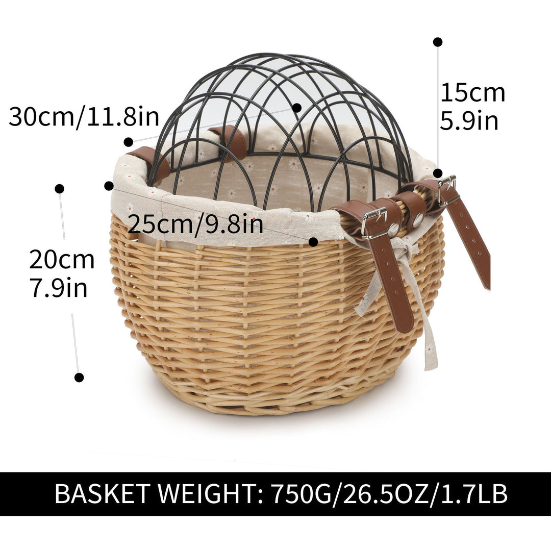 woven rattan pet carrier basket with collapsible metal dome and removable linen lining Stornfield