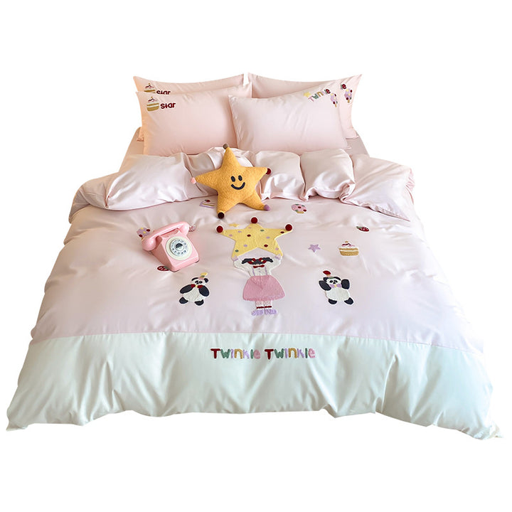 Embroidered Cotton Kids Duvet Cover Set with Appliqué Twinkle Motif and Pillow Shams
