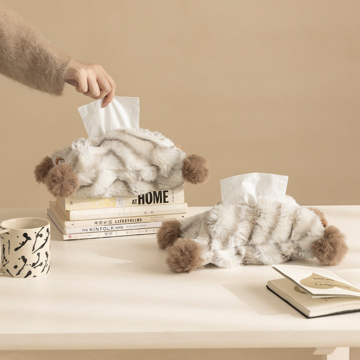 Decorative faux fur tissue box cover with pom poms and hanging handle Stornfield
