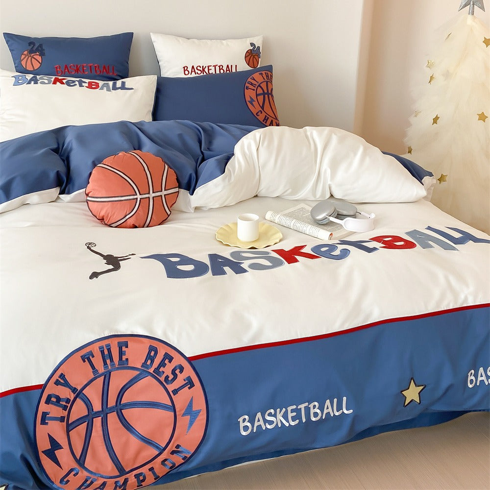 Basketball-Themed Cotton Sateen Duvet Cover Bedding Set with Printed Pillow Shams