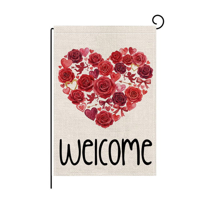 Double-Sided Burlap-Texture Rose Heart Wreath Welcome Garden Flag