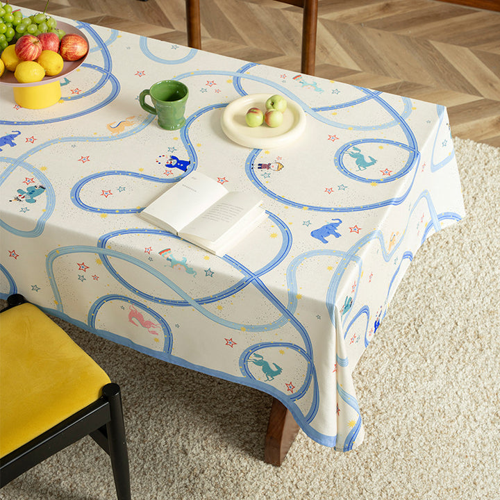 Child-friendly wipeable tablecloth with playful train and animal motif Stornfield