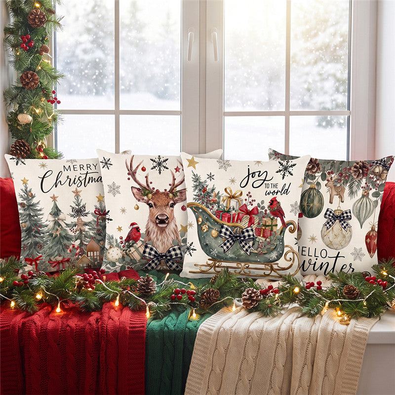 Christmas Decorative Throw Pillow Cover Linen-Cotton Blend Festive Tree Print