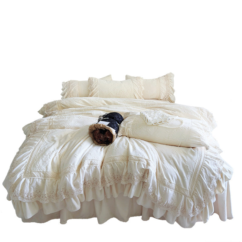 Vintage-Inspired Ruffled Chenille Medallion Bedspread & Sham Set with Lace-Trim Bed Skirt