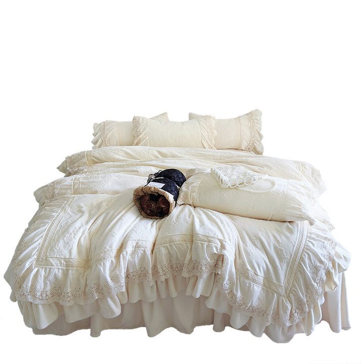 Vintage-Inspired Ruffled Chenille Medallion Bedspread & Sham Set with Lace-Trim Bed Skirt