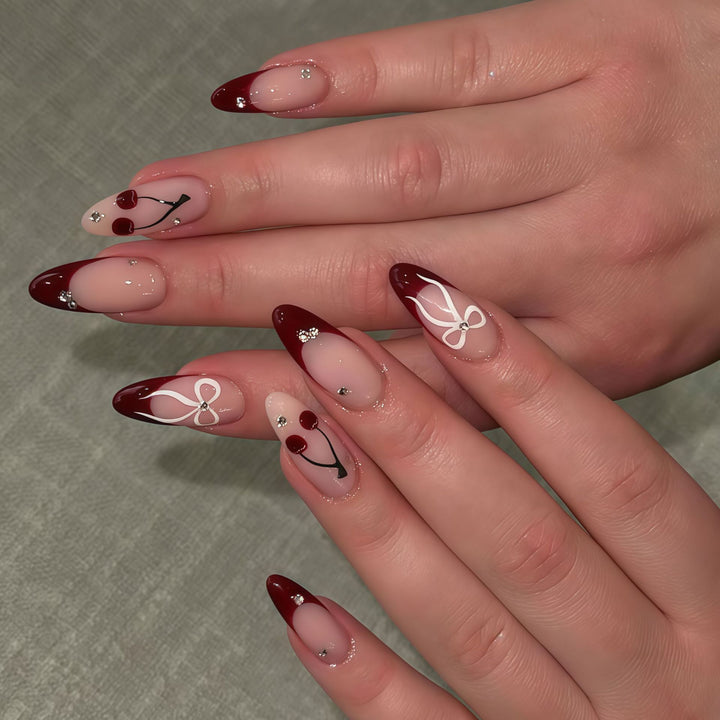 Artistic Stiletto Press-On Nail Set with Cherry and Bow Designs Stornfield