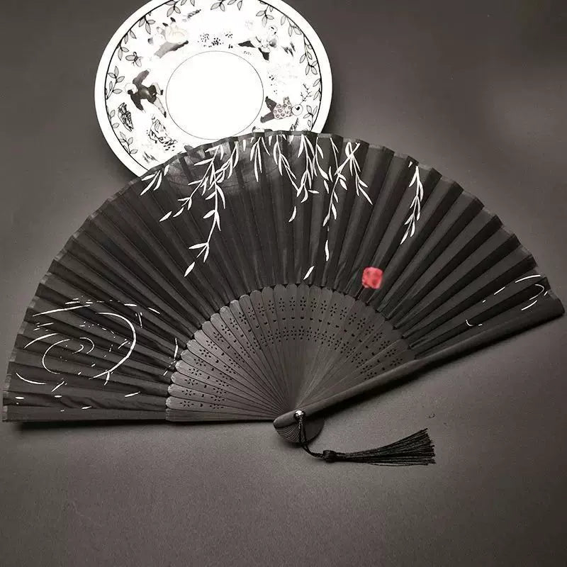 Women One Size Handcrafted Bamboo Rib Foldable Fan with Hand-Painted Calligraphic Willow Design and Decorative Tassel Stornfield
