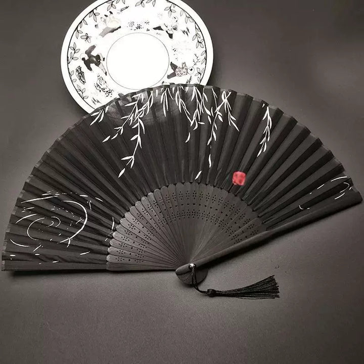 Women One Size Handcrafted Bamboo Rib Foldable Fan with Hand-Painted Calligraphic Willow Design and Decorative Tassel Stornfield