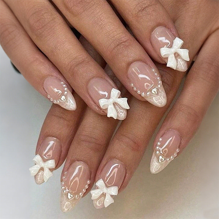Decorative Press-On Nail Art Set with Elegant Bow and Pearl Accents Stornfield