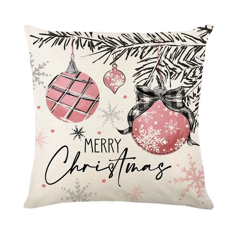 Square Cotton-Linen Snowman Accent Pillow Cover with Pink Striped Beanie and Scarf Print