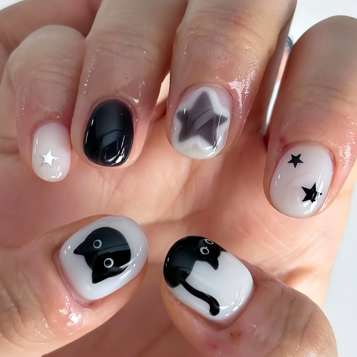 Playful Cat and Star-Themed Press-On Nail Art Extensions Stornfield