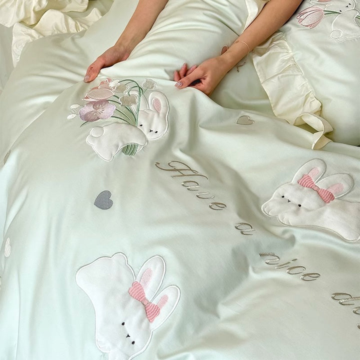 Ruffled Cotton-Linen Duvet Cover Set with Embroidered Bunny Appliqué and Decorative Shams