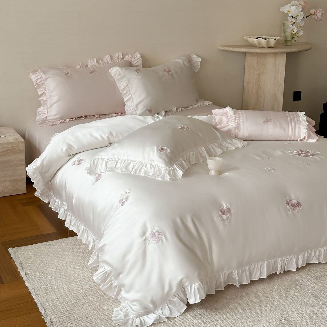 Satin Rose-Embroidered Ruffled Duvet Cover Ensemble with Decorative Bolster and Frilled Pillow Shams