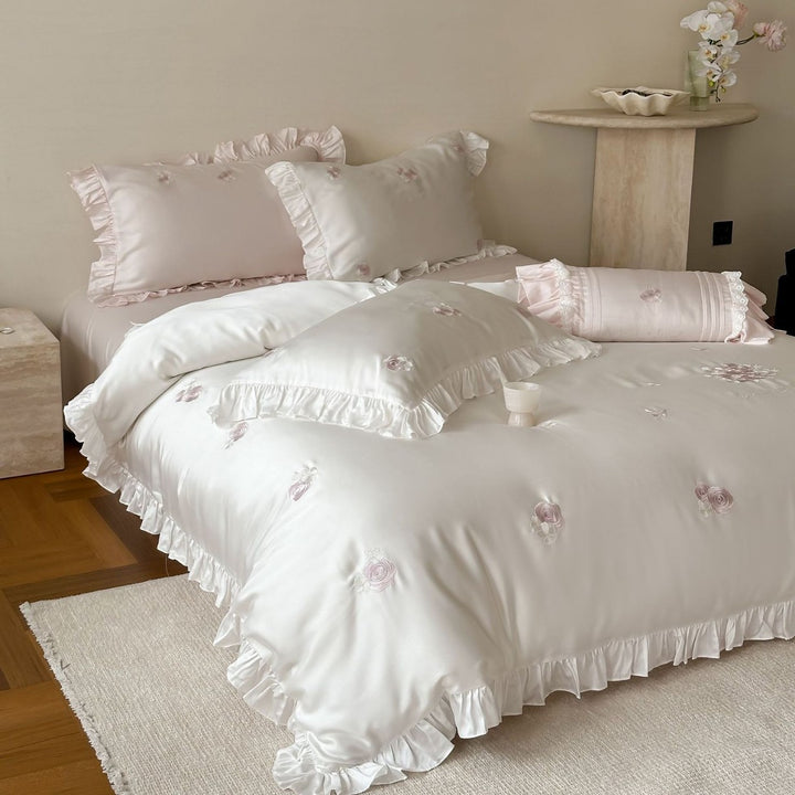 Satin Rose-Embroidered Ruffled Duvet Cover Ensemble with Decorative Bolster and Frilled Pillow Shams