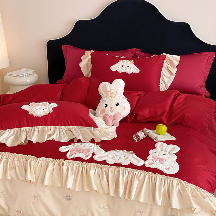 Embroidered Ruffled Bunny Appliqué Duvet Cover Bedding Set