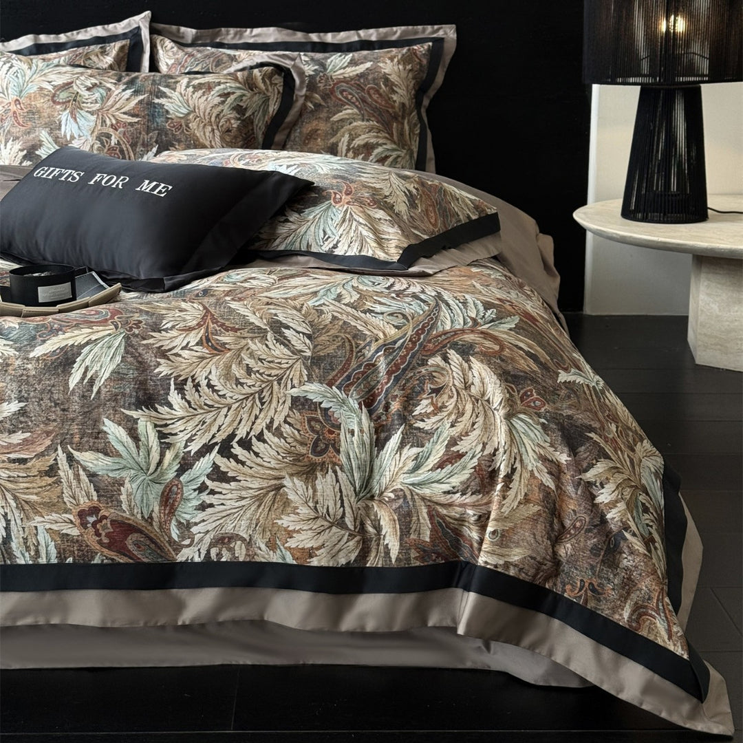 Luxury Tapestry-Style Botanical Duvet Cover Set with Satin Border & Corner Ties