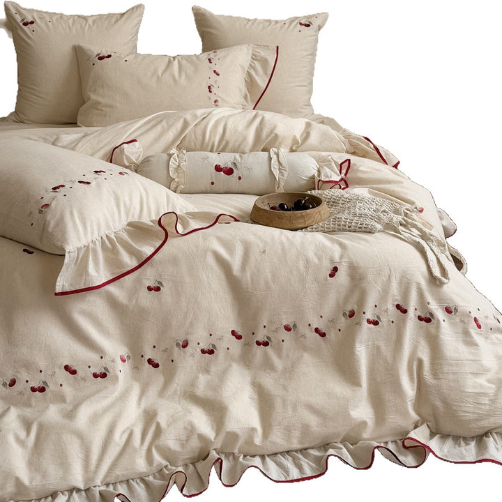 Embroidered Cherry Ruffle Cotton-Linen Duvet Cover Set with Decorative Bolster