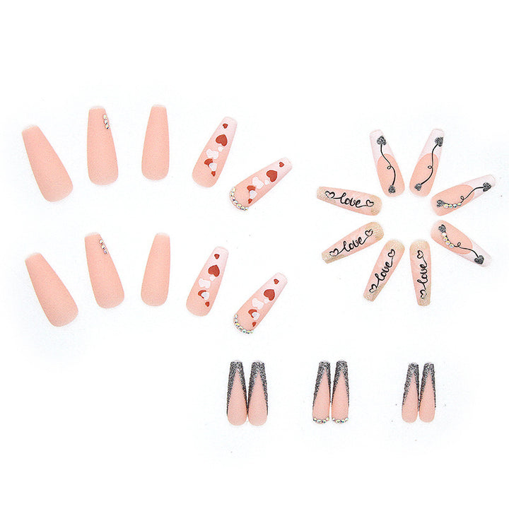 Acrylic nail set with romantic heart and glitter decorations Stornfield