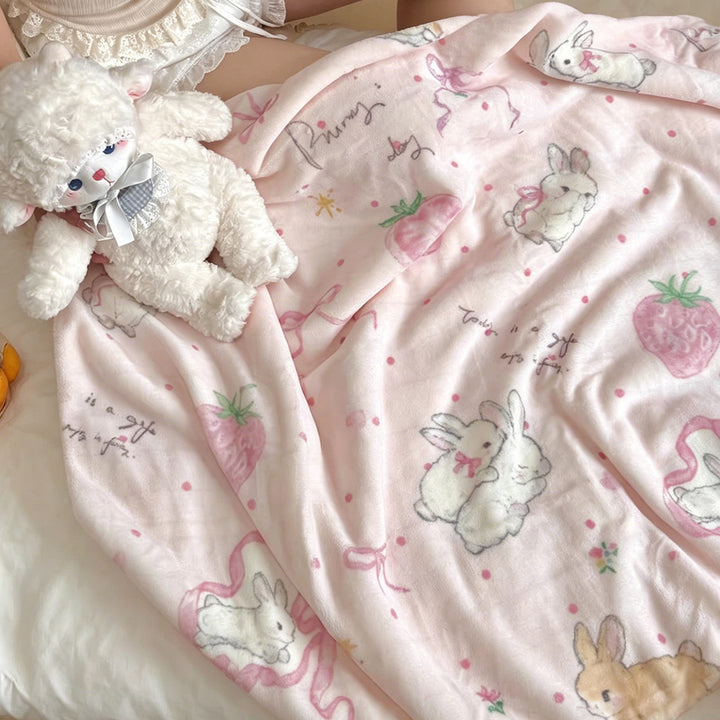Cute Bunny and Strawberry-Themed Ultra Soft Fleece Blanket