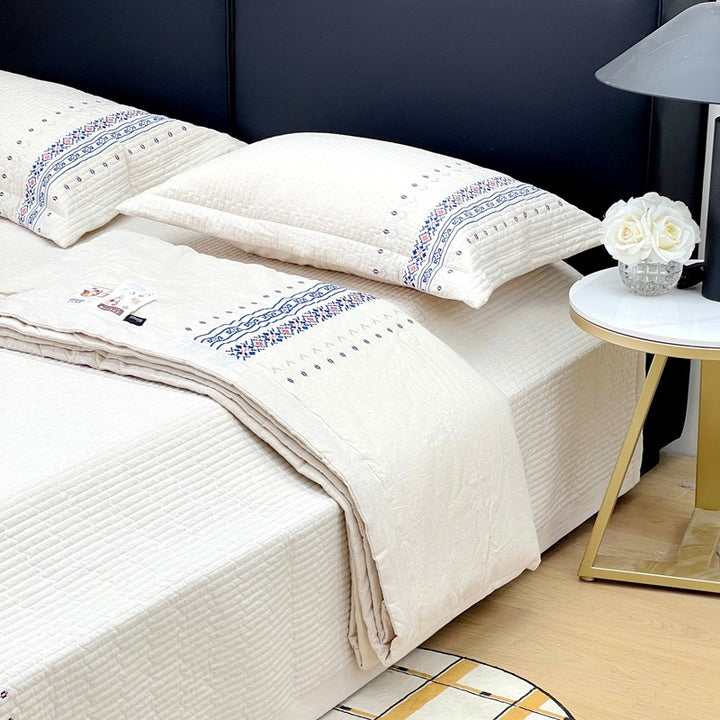 Embroidered Quilted Cotton Coverlet Set with Pillow Shams and Geometric Border