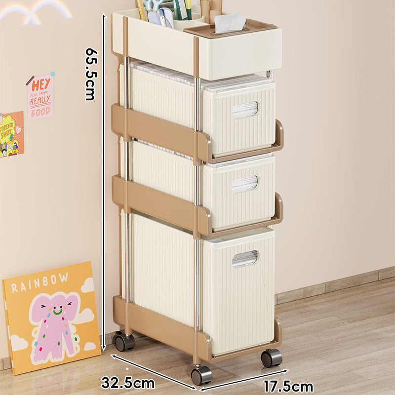 Slim Rolling Multi-Compartment Organizer Cart with Tissue Box Top and Removable Waste Bin