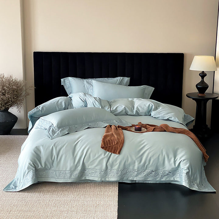 Luxury Cotton-Sateen Duvet Cover Set with Lace-Trim Hem & Decorative Pillow Shams