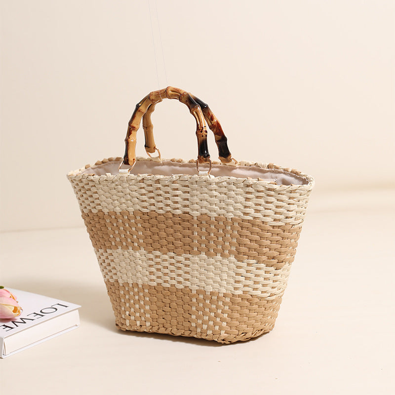 Braided bast bag with bamboo handle and decorative lining Stornfield
